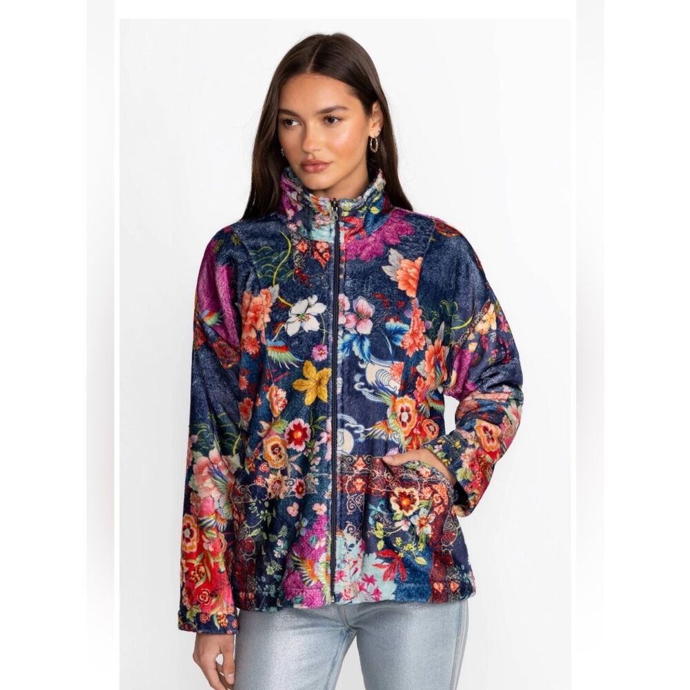 Johnny Was Joan Zip Cozy Large Sherpa Jacket Reversible Floral Mcdreamer Blue SP